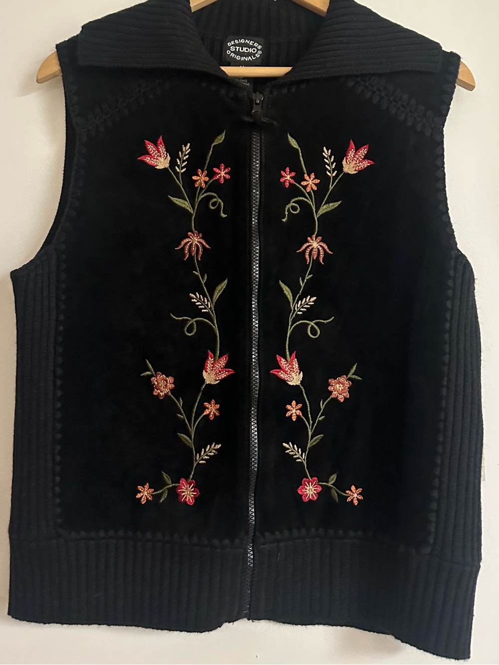 Black Embroidered Zip-Front Leather Vest